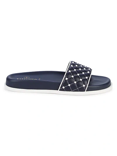 Shop Valentino Women's Rockstud Quilted Leather Slides In Navy