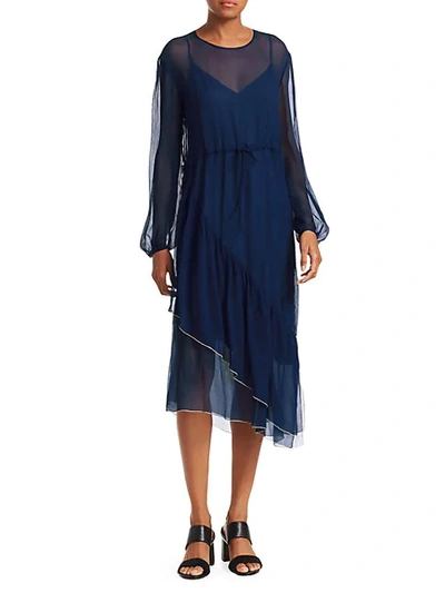 Shop Chloé Asymmetric Sheer Silk Midi Dress In Blue