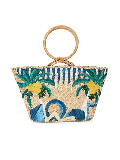 Shop Aranaz Embroidered Straw Top Handle Bag In Blue