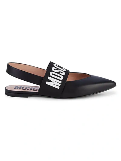 Shop Moschino Logo Strap Leather Slingback Flats In Black
