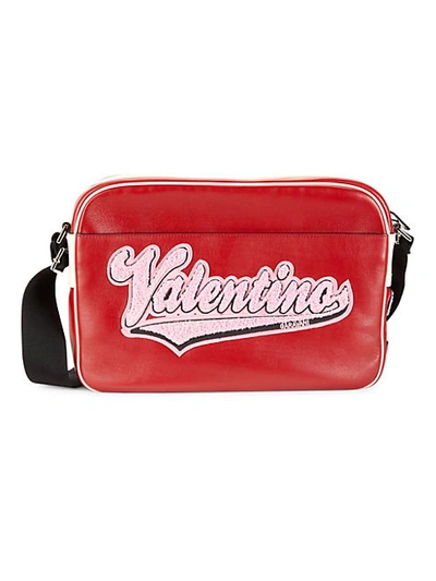 Shop Valentino Leather Logo Messenger Bag In Nero