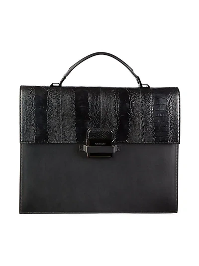 Shop Versace Croc-embossed Leather Briefcase In Ultra Black