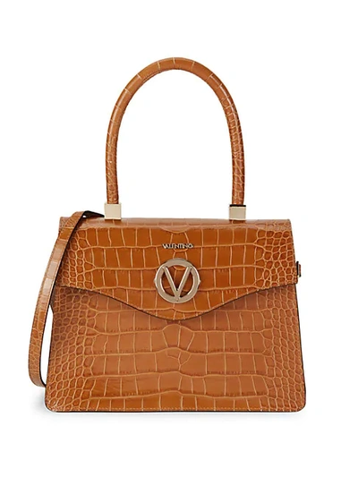 Shop Valentino By Mario Valentino Melanie Croc-embossed Leather Top Handle Bag In Caramel