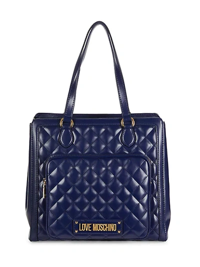 Shop Love Moschino Front Pocket Quilted Tote In Blue