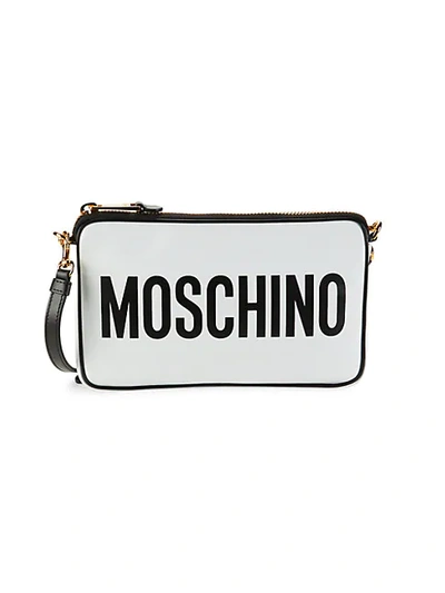 Shop Moschino Logo Leather Crossbody Bag In White