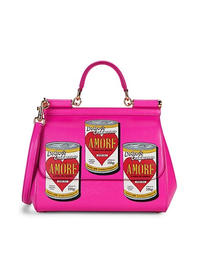 Shop Dolce & Gabbana Amore Soup-print Leather Satchel In Fuchsia