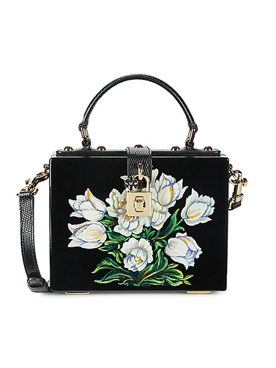 Shop Dolce & Gabbana Floral Leather-trim Top Handle Box Bag In Black