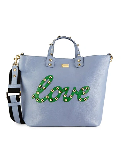Shop Dolce & Gabbana Studded Love Patch Leather Tote In Blue