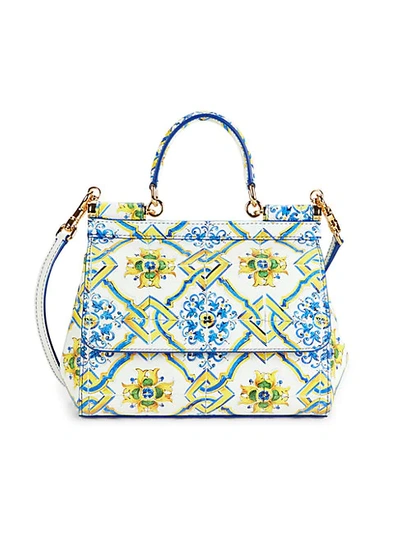 Shop Dolce & Gabbana Sicily Printed Leather Top Handle Bag In White