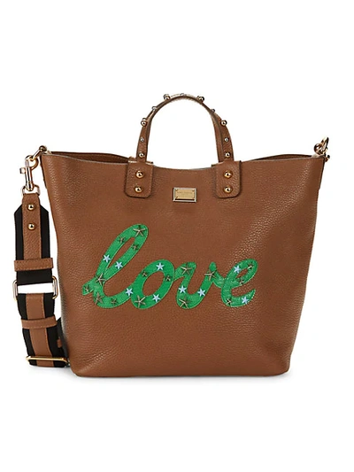 Shop Dolce & Gabbana Studded Love Leather Shoulder Bag In Tan