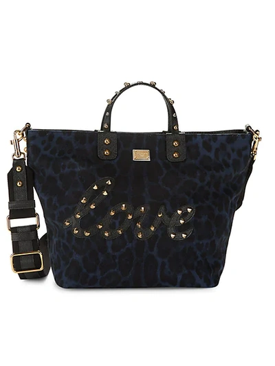 Shop Dolce & Gabbana Beatrice Studded Leopard-print Canvas Tote In Blue