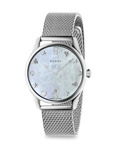 Shop Gucci G-timeless Diamond Mother-of-pearl Mesh Bracelet Watch