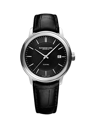 Shop Raymond Weil Maestro Stainless Steel Black Leather Strap Watch