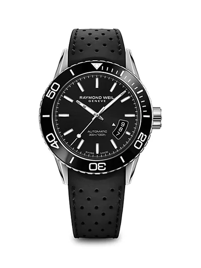 Shop Raymond Weil Men's Freelancer Stainless Steel & Rubber-strap Diver Watch In Black