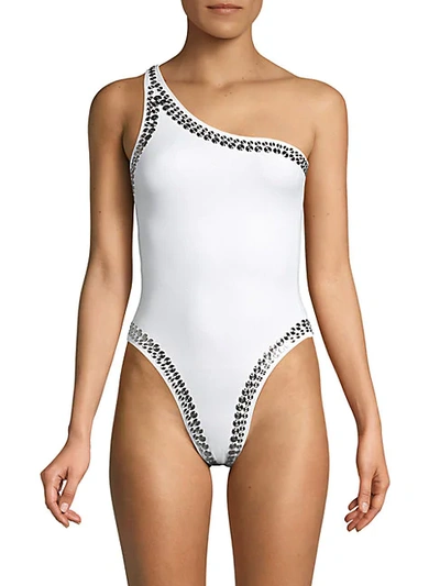 Shop Norma Kamali Studded One-shoulder One-piece Swimsuit In White