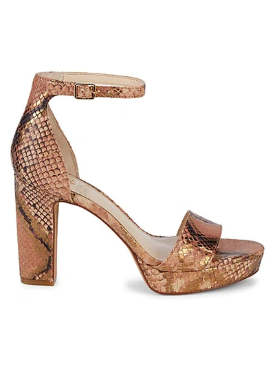 Shop Vince Camuto Snakeskin-print Leather Ankle-strap Sandals In Penny
