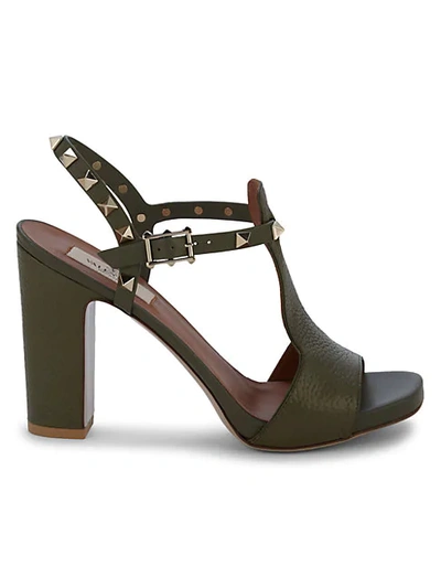 Shop Valentino Rockstud Leather Sandals In Green