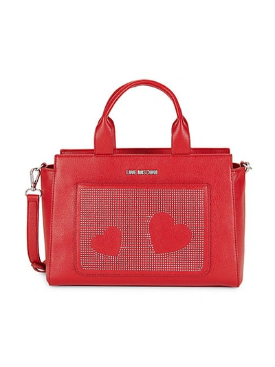 Shop Love Moschino Studded Hearts Top Handle Satchel In Red