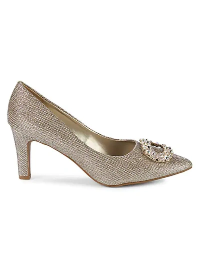 Shop Anne Klein Gael Embellished Buckle Metallic Pumps In Platinum