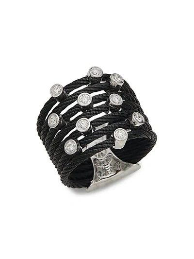 Shop Alor 18k White Gold, Diamond & Black Stainless Steel Cable Ring