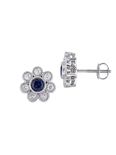 Shop Saks Fifth Avenue 14k White Gold, Sapphire & Diamond Flower Stud Earrings