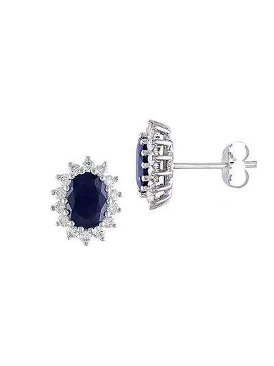 Shop Saks Fifth Avenue 14k White Gold, Oval-cut Sapphire & Round-cut White Diamond Stud Earrings