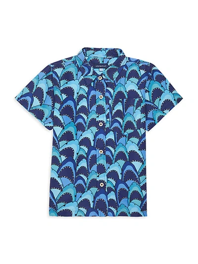 Shop Andy & Evan Little Boy's Shark-print Short-sleeve Shirt In Aqua Shark