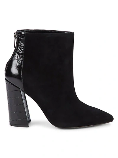 Shop Charles David Croc-embossed Leather & Suede Point-toe Booties In Black