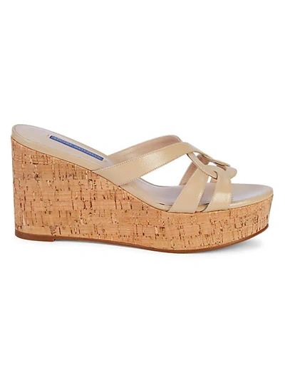 Shop Stuart Weitzman Cadence Cork & Leather Platform Wedge Sandals In Beige