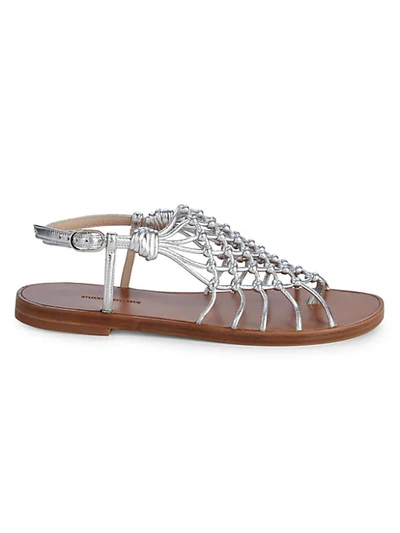 Shop Stuart Weitzman Seaside Metallic Leather Gladiator Sandals In Silver