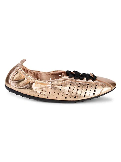 Shop Tod's Metallic Leather Flats In Rose Gold