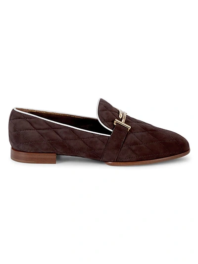 Shop Tod's Double T Quilted Suede Loafers In Chocolate