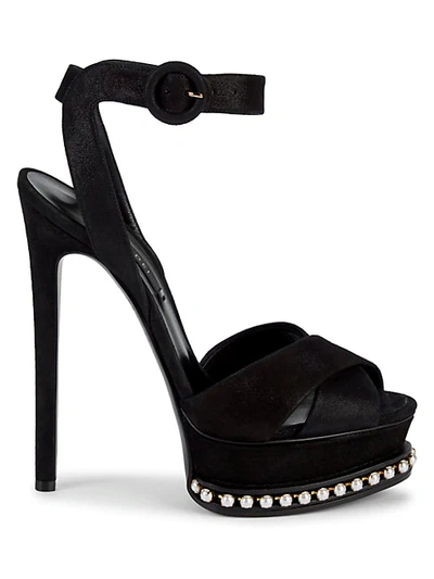 Shop Casadei Faux Pearl & Suede Platform Sandals In Nero