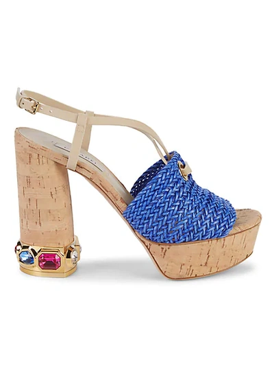Shop Casadei Jewel-embellished Leather Platform Slingback Sandals In Blue