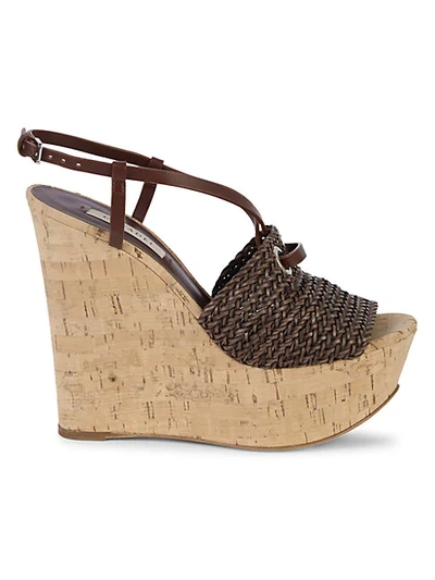 Shop Casadei Leather Platform Wedge Slingback Sandals In Tan