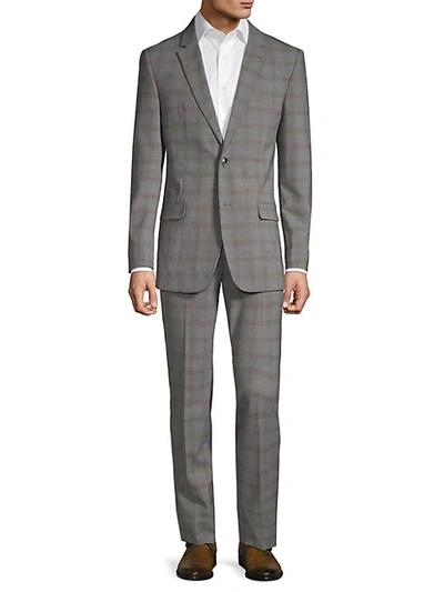 Shop Ben Sherman Slim-fit Plaid Wool Blend Suit In Mid Grey