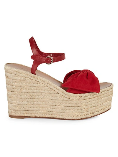 Shop Valentino Suede Bow Espadrille Wedge Sandals In Rosso