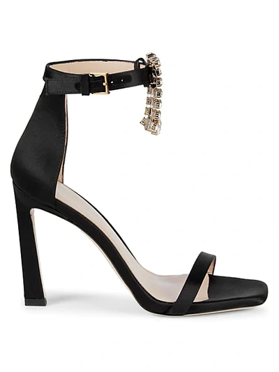 Shop Stuart Weitzman Fringed Jewel Satin High-heel Sandals In Black