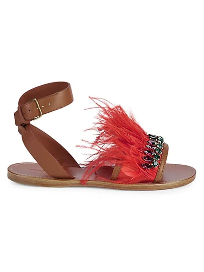 Shop Miu Miu Feather & Crystal Embellished Sandals In Red