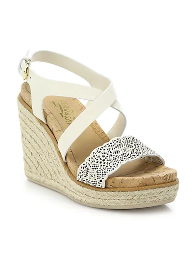 Shop Ferragamo Gioela Raffia & Leather Platform Wedge Sandals In Ivory