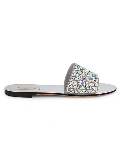 Shop Valentino Crystal Embellished Slides In Silver