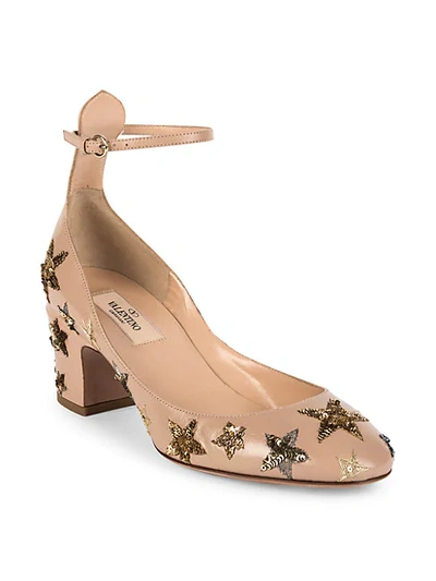 Shop Valentino Star-studded Leather Ankle-strap Block Heel Pumps In Poudre