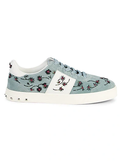 Shop Valentino Beaded Suede Rockstud Sneakers In Blue