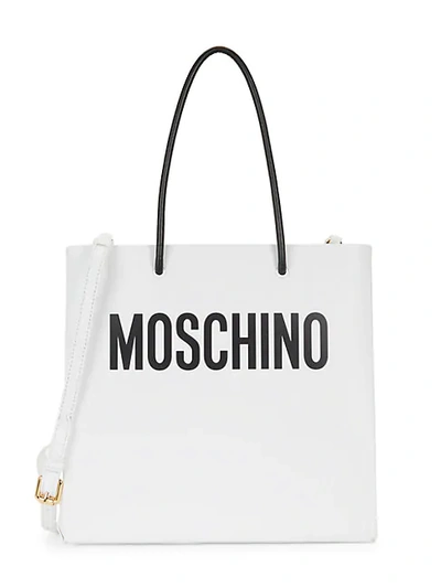 Shop Moschino Logo Leather Tote In Print White