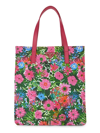 Shop Prada Floral Nylon Tote Bag In Pink Green Multi