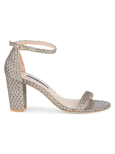 Shop Stuart Weitzman Nearly Nude Metallic Glitter Block-heel Sandals In Platinum