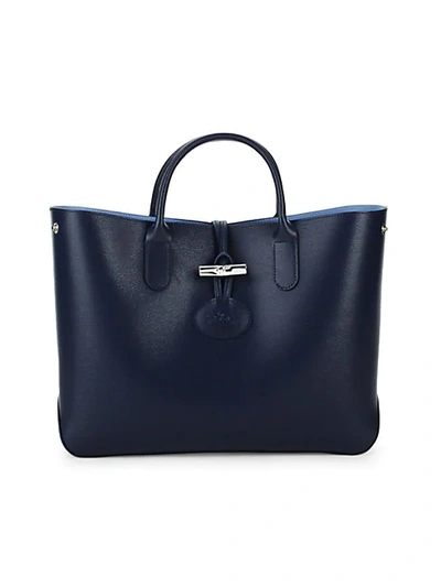 Shop Longchamp Roseau Leather Tote In Navy
