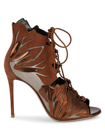 Shop Casadei Leather & Suede Lace Stiletto Sandals In Brown