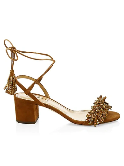 Shop Aquazzura Wild Crystal Block Heel Suede Sandals In Cinnamon