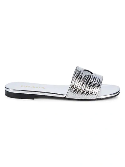 Shop Prada Donna Metallic Leather Slides In Silver